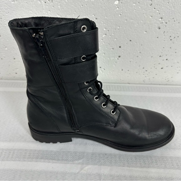 Black Suede Studio size 8 Black Lace Up Buckle Faux Sheep Fur Lined Combat Boot - Picture 9 of 15